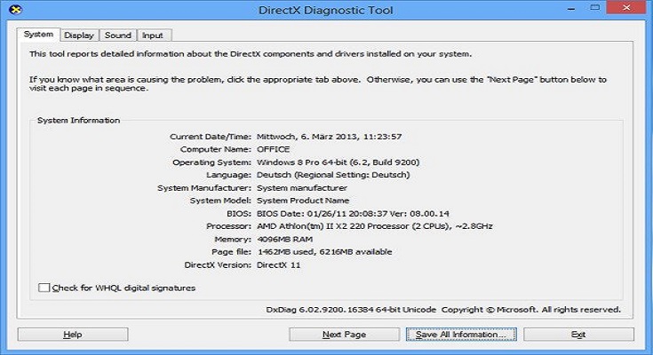DirectX Diagnostic Tool