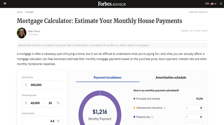 Forbes Advisor's mortgage calcul